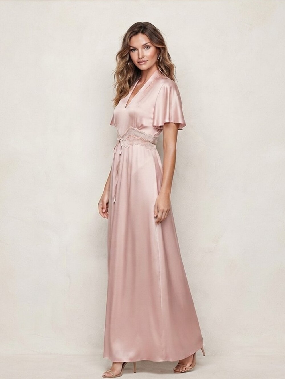 Women's Jo Ed Sophisticates Cottagecore  Silky Blush Pink VNeck Maxi Dress Small